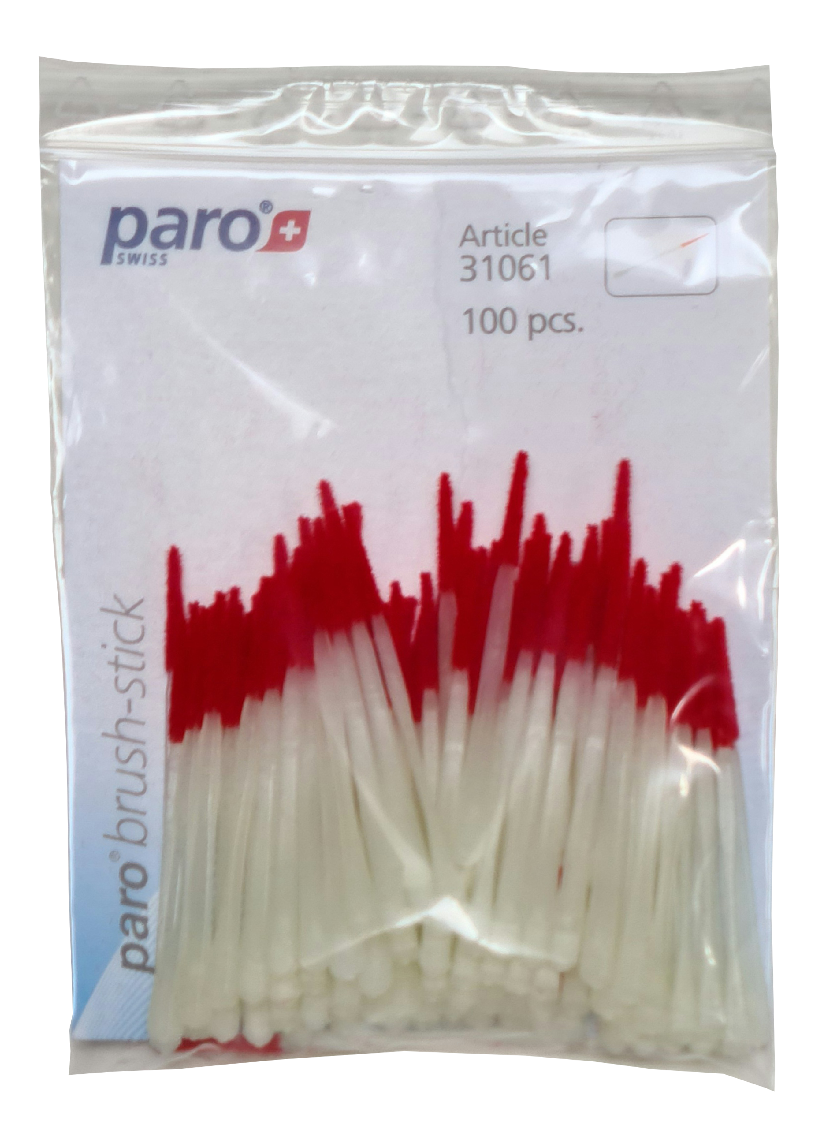 Kunststoffzahnstocher | paro® brush-stick | Soft-Oberfläche | weiß-rot | 100 Stück | mit Schutzkappe