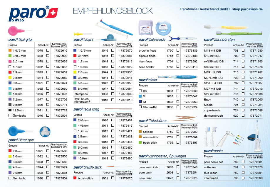 Marketingmaterial | paro® Empfehlungsblock | Einfache Empfehlung der bekannten paro® Produkte